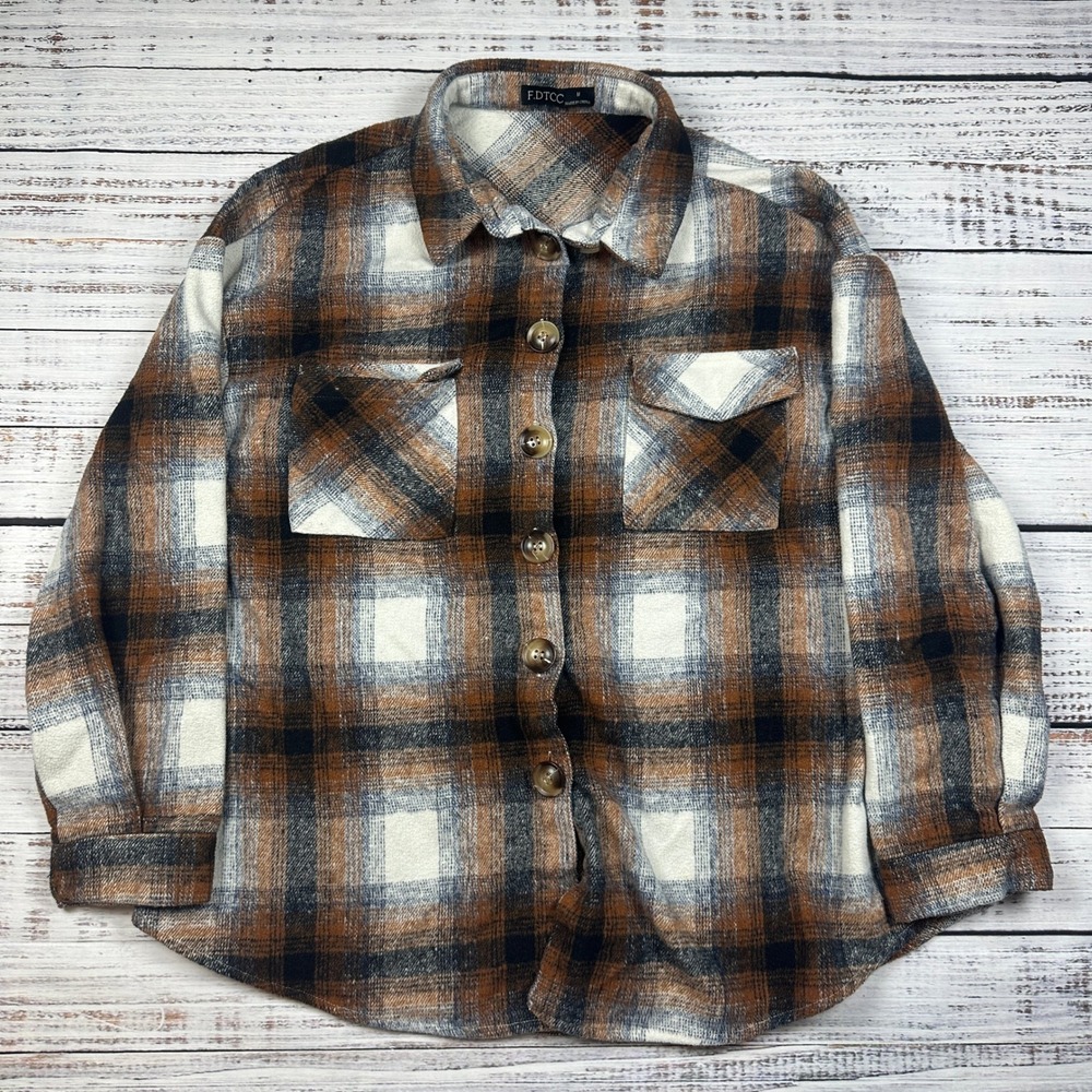 F.DTCC Flannel Shacket Plaid Oversized Cotton Blend Brown Cream Size Medium